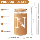 Monogram N Initial Glass Cup 16 Oz Can Coffee Cups with Lid and Straw - Gifts for Womens on Birthday